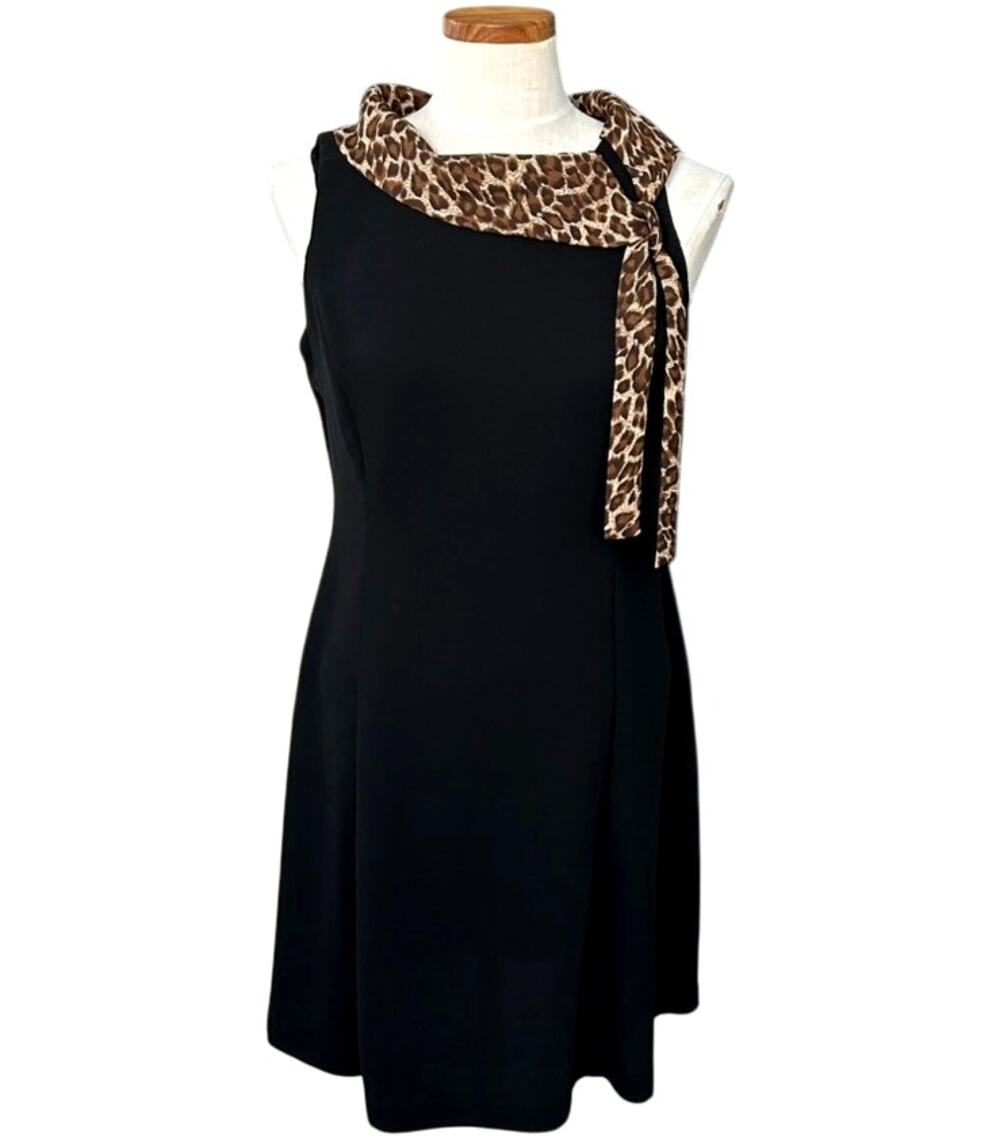 Danny Nicole Vintage Black Sleeveless Dress Leopard Scarf Neck Tie Detail 8P